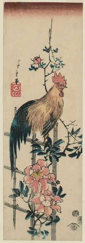 Utagawa Hiroshige: Rooster on Wild Rose Trellis - Museum of Fine Arts