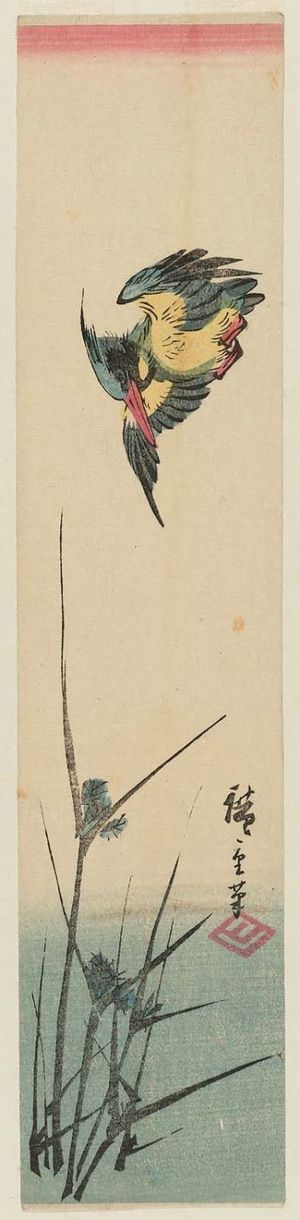 日本版画 "Kingfisher and Reeds" 由 Utagawa Hiroshige, 歌川広重 (Utagawa Hiroshige I) 创作