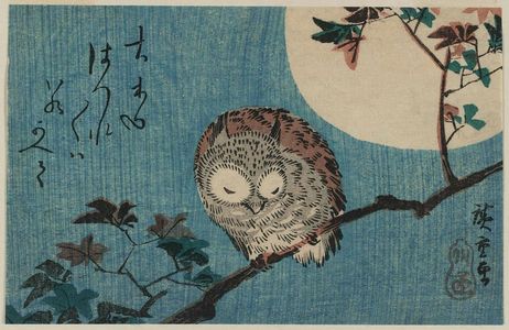 歌川広重: Small Horned Owl on Maple Branch under Full Moon - ボストン美術館