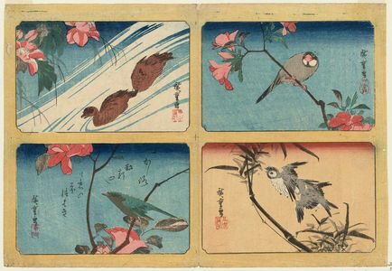 Utagawa Hiroshige: Four small prints: Peach Blossoms and Bullfinch (TR), Bamboo and Sparrows (BR), Camellia and Warbler (BL), Hibiscus and Ducks (TL) - Museum of Fine Arts