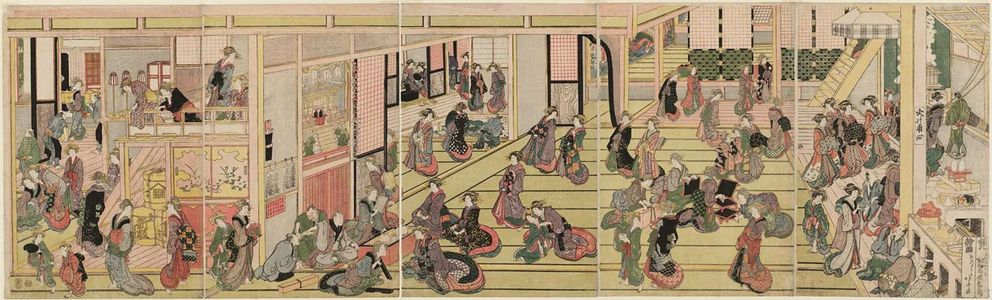 日本版画 "New Year's Day at the Ôgi-ya in the Yoshiwara" 由 Katsushika Hokusai, 葛飾北斎 (Katsushika Hokusai) 创作