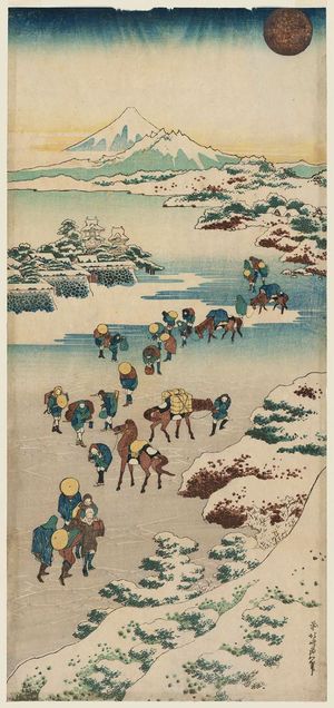 葛飾北斎: Crossing the Ice on Lake Suwa in Shinano Province 