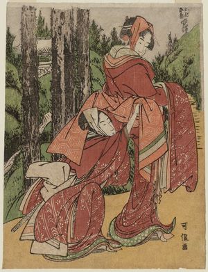 葛飾北斎: Evening Bell for Oume and Kumenosuke (Oume Kumenosuke banshô), from the untitled series known as Eight Views of Tragic Lovers (Michiyuki hakkei) - ボストン美術館