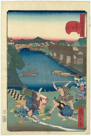 Japanischer Druck "No. 24, Sukiya-gashi Embankment (Sukiya-gashi), from the series Comical Views of Famous Places in Edo (Edo meisho dôke zukushi)" von Utagawa Hirokage, 歌川広景 (Utagawa Hirokage)