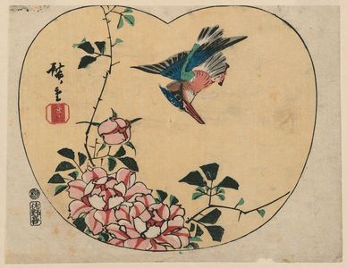 Utagawa Hiroshige: Kingfisher and Roses, cut from an untitled harimaze sheet - Museum of Fine Arts