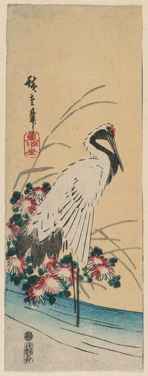 Utagawa Hiroshige: Wading Crane and Wild Chrysanthemums, cut from an unidentified harimaze sheet - Museum of Fine Arts