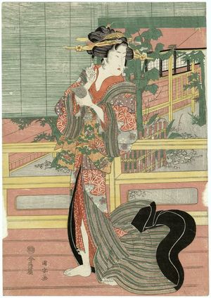 Utagawa Kuniyasu: Woman Walking along a Veranda - Museum of Fine Arts