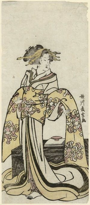 Japanischer Druck "Courtesan Tying Obi" von Utagawa Nagamune