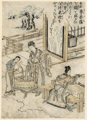 Tsukioka Settei: Two women in Chinese costume and maid weaving and dyeing - Museum of Fine Arts