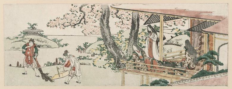 葛飾北斎: Ladies on the Veranda of a Nobleman's House Watching Attendants Sweeping Up Fallen Cherry Petals - ボストン美術館