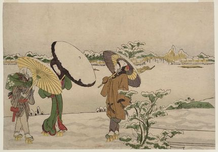 勝川春好: Walking in Snow on the Riverbank by Mimeguri Shrine - ボストン美術館