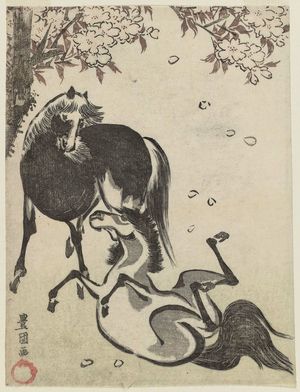 歌川豊国: Horses and Cherry Tree - ボストン美術館