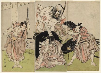 Japanischer Druck "Actors Ichikawa Yaozô II as Sakuramaru (R), Nakajima Mihoemon II as Fujiwara Shihei and Ichikawa Ebizô III as Matsuômaru (C), and Ichimura Uzaemon IX as Umeômaru (L)" von Katsukawa Shunsho, 勝川春章 (Katsukawa Shunshô)