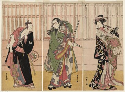 Katsukawa Shunsho: Actors, from right: Nakamura Rikô I as Agemaki, Nakamura Nakazô I as Hige no Ikyû, and Ichikawa Danjurô V as Sukeroku - Museum of Fine Arts