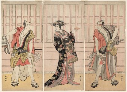 勝川春好: Actors Ichikawa Danjûrô V as Fuwa Banzaemon (R), Segawa Kikunojô III as Katsuragi (C), and Matsumoto Kôshirô IV as Nagoya Sanzaburô (L) - ボストン美術館