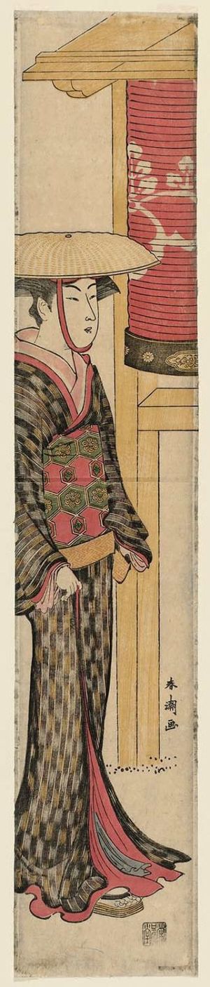 勝川春潮: Woman Walking Past Lantern - ボストン美術館