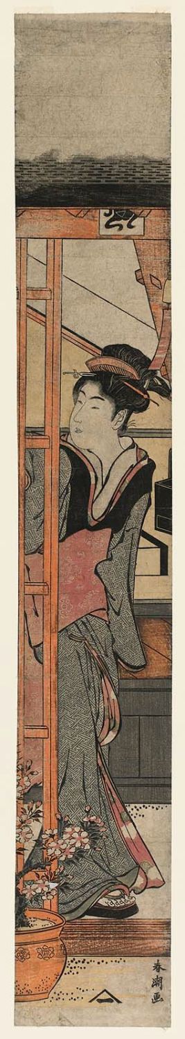 勝川春潮: Woman at a Sliding Lattice Door - ボストン美術館