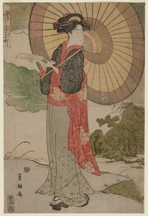 歌川豊国: A Modern Version of Komachi Praying for Rain (Tôsei yatsushi Amagoi Komachi), from a triptych - ボストン美術館