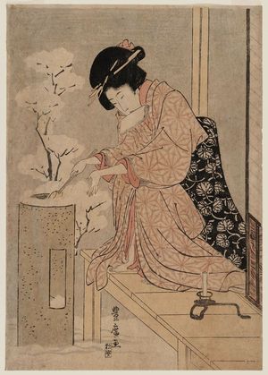 Utagawa Toyohiro: Woman Dipping Water from a Stone Basin in Snow - Museum of Fine Arts