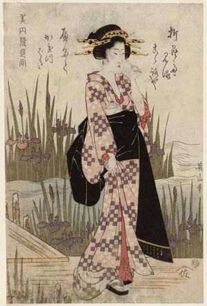 Kikugawa Eizan: Woman Viewing Iris at Yatsuhashi, from the series Beauties Matched with Hokku Poems (Bijin hokku awase) - Museum of Fine Arts