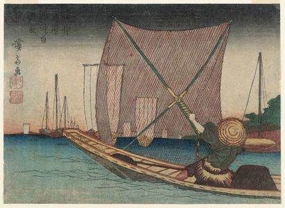 渓斉英泉: Fishing for Whitebait in the Bay off Tsukuda (Tsukuda oki no shirauo-tori, below), from the series Floral Calendar of the Eastern Capital (Tôto hana-goyomi) - ボストン美術館