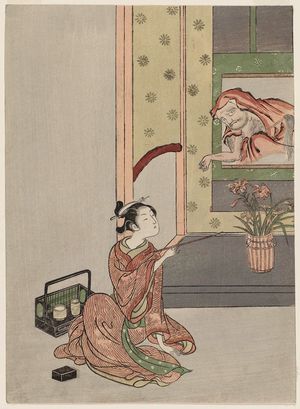 Suzuki Harunobu: A Young Woman Smoking and Daruma Emerging from a Hanging Scroll - Museum of Fine Arts