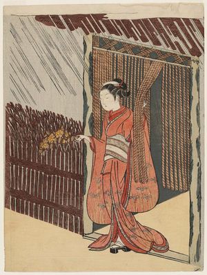 Suzuki Harunobu: Woman Holding a Branch of Yamabuki (Parody of the Story of Ôta Dôkan) - Museum of Fine Arts