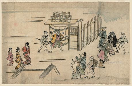 菱川師宣: The Entrance to Ageya-machi, from the series Scenes in the Yoshiwara (Yoshiwara no tei) - ボストン美術館