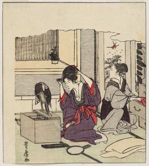 Utagawa Toyohiro: Woman Dressing Her Hair, from an untitled series of a day in the life of a geisha - Museum of Fine Arts