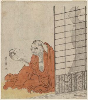 Utagawa Toyohiro: Daruma Looking in a Mirror at the Reflection of a Woman behind HIm - Museum of Fine Arts