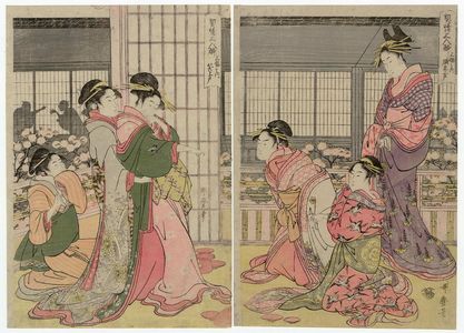 Kitagawa Utamaro: Three Drunken Courtesans, a Triptych: the Angry Drunk, the Weepy Drunk, the Giggly Drunk (Keisei sannin yoi, sanpuku no uchi: haratate jôgo, naki jôgo, warai jôgo) - Museum of Fine Arts