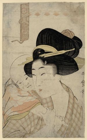 Kitagawa Utamaro: Mother Carrying Child on Her Back, from the series Scenery of Famous Places and Twelve Physiognomies of Beauties (Meisho fûkei, bijin jûnisô) - Museum of Fine Arts