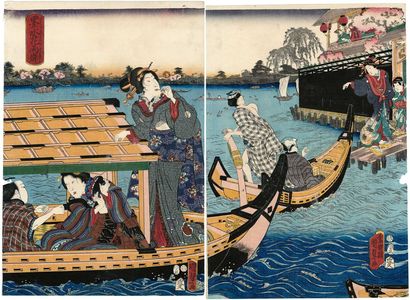 Utagawa Kunisada II: Cherry Blossoms on Both Banks of the Sumida River (Sumidagawa hana no futakishi) - Museum of Fine Arts
