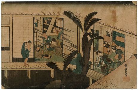 歌川広重: Akasaka: Inn with Serving Maids (Akasaka, ryosha shôfu no zu), from the series Fifty-three Stations of the Tôkaidô (Tôkaidô gojûsan tsugi no uchi), also known as the First Tôkaidô or Great Tôkaidô - ボストン美術館