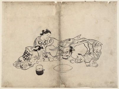 Okumura Masanobu: An Oiran Watching A Trial Of Strength Between Her Kamuro And Kinpira The Fabulous Strong Man - Museum of Fine Arts