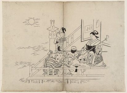 Okumura Masanobu: Daikoku and Fukurokuju at a Party with a Courtesan - Museum of Fine Arts
