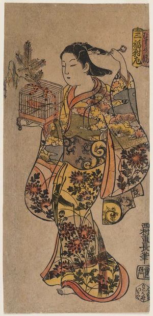 西村重長: The Style of a Girl, Left Sheet of a Triptych (Musume-fû, sanpukutsui hidari) - ボストン美術館