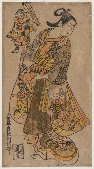 Okumura Toshinobu: Woman Holding a Puppet of Ichikawa Danjûrô II as Yanone Gorô - Museum of Fine Arts