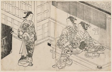Nishikawa Sukenobu: Two Courtesans Seated On A Bench ; Another Woman Coming Towards Them - Museum of Fine Arts