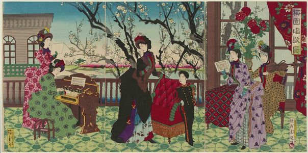 Toyohara Chikanobu: Singing by the Plum Garden (Baien shôka zu) - Museum of Fine Arts
