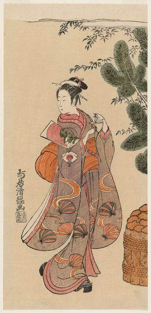 Torii Kiyotsune: Actor Onoe Kikugorô as a Girl with Battledore and Shuttlecock at New Year - Museum of Fine Arts