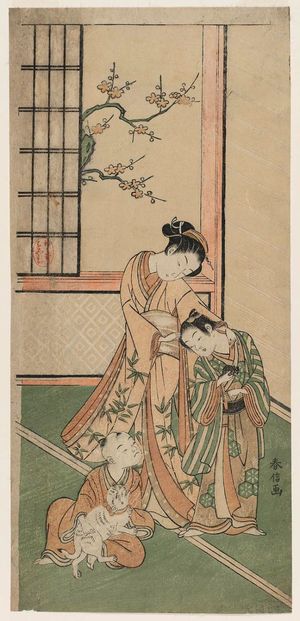 Suzuki Harunobu: Woman and Two Children with Cat and Pet Mouse - Museum of Fine Arts