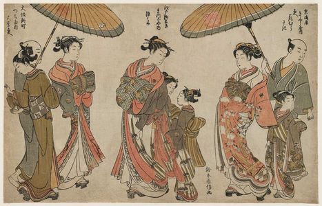 Suzuki Harunobu: Courtesans of the Three Cities: from Shimabara in Kyoto, Tayû Hanamurasaki of the Kyôya; from Shin Yoshiwara in Edo, Somenosuke of the Matsubaya; from Shinmachi in Osaka, Daigaku Tayû of the Tsuchiya - Museum of Fine Arts