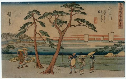 歌川広重: Kanagawa: View of the Bluff from Asamashita (Kanagawa Asamashita yori dai o miru zu), from the series The Fifty-three Stations of the Tôkaidô Road (Tôkaidô gojûsan tsugi no uchi), also known as the Gyôsho Tôkaidô - ボストン美術館