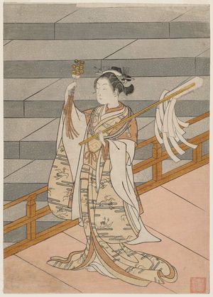 鈴木春信: Shinto Priestess (Miko) Dancing at a Shrine - ボストン美術館