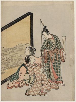 鈴木春信: Parody of Minamoto Tametomo: Young Man and Two Women with a Bow - ボストン美術館
