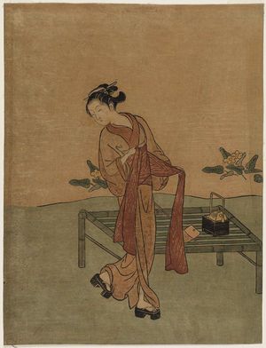 鈴木春信: Young Woman Tying Her Obi beside a Bamboo Bench - ボストン美術館