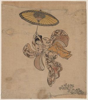 Suzuki Harunobu: Young Woman Jumping from the Kiyomizu Temple Balcony with an Umbrella as a Parachute - Museum of Fine Arts