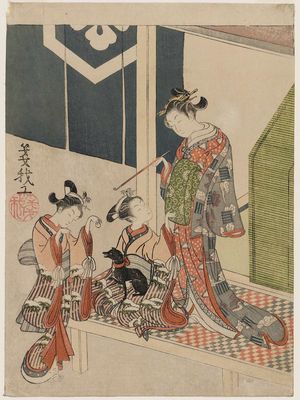 Suzuki Harunobu: Courtesan and Two Kamuro Playing with a Dog - Museum of Fine Arts