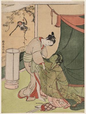 Suzuki Harunobu: Lovers' Parting Embrace through a Mosquito Net - Museum of Fine Arts